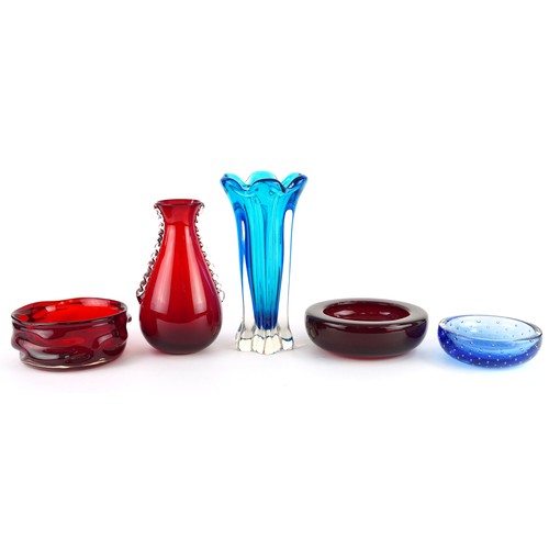 309 - Assorted coloured glass vases and dishes including Whitefriars, the largest 22cm high