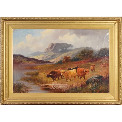54 - Charles W Oswald - Scottish Highland scenes with cattle, pair of 19th century oil on canvases, each ... 