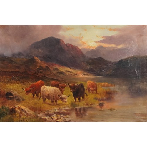 54 - Charles W Oswald - Scottish Highland scenes with cattle, pair of 19th century oil on canvases, each ... 