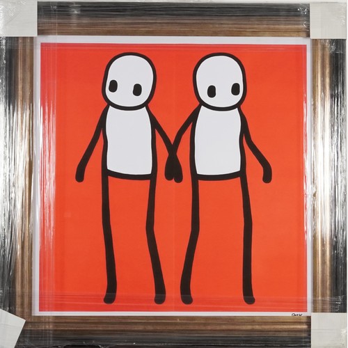 240 - After Stik - Two stickmen, street artist school print in colour, framed and glazed, 65cm x 65cm excl... 