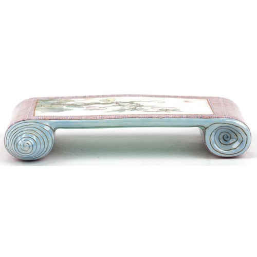 211 - Chinese porcelain scholar's wrist rest in the form of a scroll hand painted in the famille rose pale... 