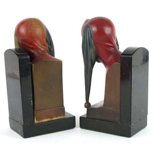 342 - After Gotthard Sonnenfeld, pair of Art Deco marble and carved wood bookends in the form of jesters, ... 