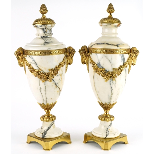 171 - Pair of French calacatta marble and ormolu urn design garnitures with ram's head mounts, 45cm high