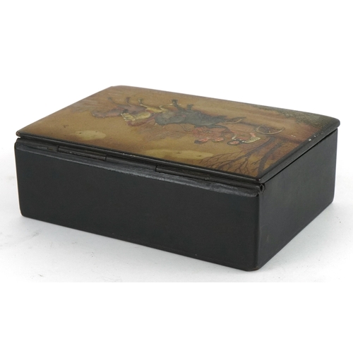 348 - Russian black lacquered box, the lid hand painted with a troika, 4cm H x 12cm W x 8.5cm D