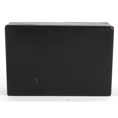 348 - Russian black lacquered box, the lid hand painted with a troika, 4cm H x 12cm W x 8.5cm D