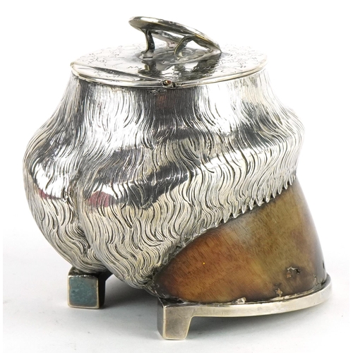 347 - Horse hoof inkwell with silver plated mounts and cranberry glass liner, 12.5cm high