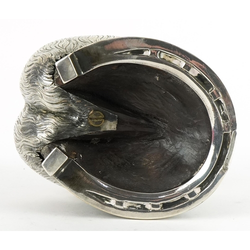 347 - Horse hoof inkwell with silver plated mounts and cranberry glass liner, 12.5cm high