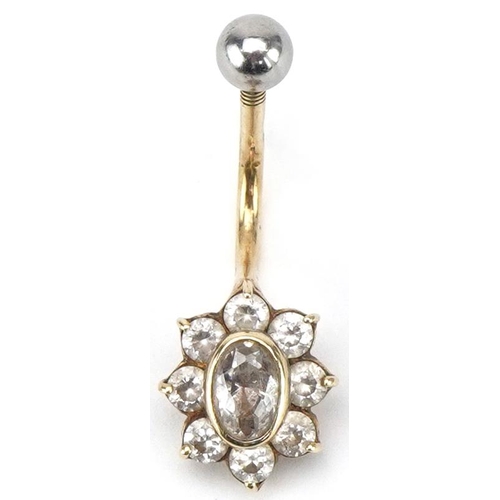 3230 - 9ct gold clear stone belly bar, 2.6cm in length, 2.2g