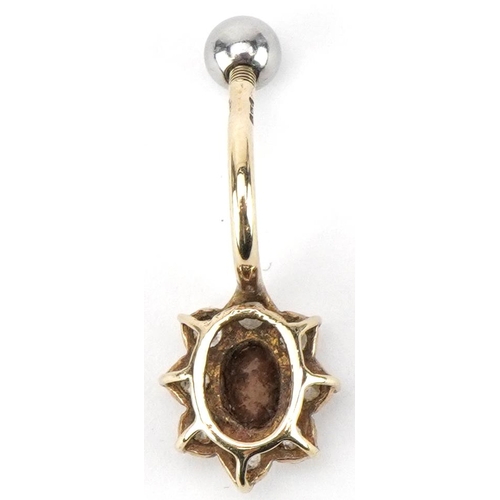 3230 - 9ct gold clear stone belly bar, 2.6cm in length, 2.2g