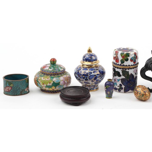 332 - Selection of Chinese items including hand painted porcelain bowl, wooden stands, cloisonne pots and ... 