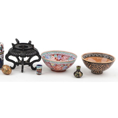 332 - Selection of Chinese items including hand painted porcelain bowl, wooden stands, cloisonne pots and ... 