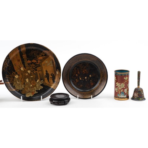 358 - Woodenware including Norwegian plywood pots and covers, cloisonne pot and bell and Japanese lacquere... 