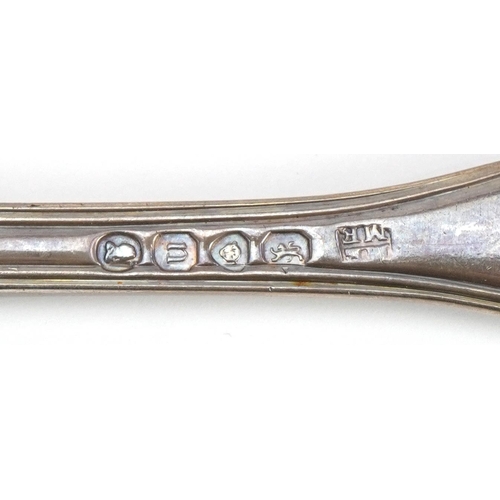 51 - Morris & Michael Emmanuel, seven George IV matching silver forks, London 1828, 17.5cm in length, 451... 