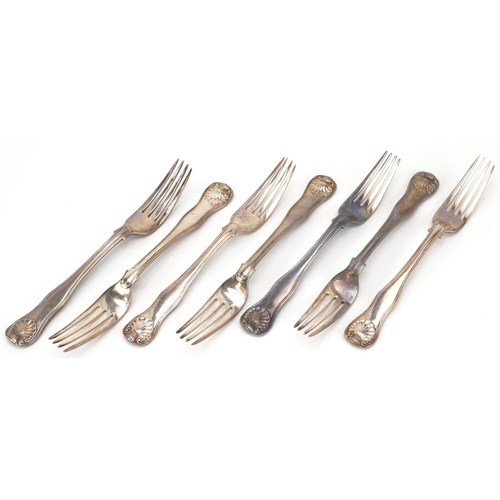 143 - Chawner & Co, seven matching Victorian silver table forks, London 1876, 21cm in length, 703.0g