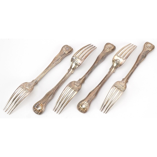 146 - Chawner & Co, five matching Victorian silver forks, London 1876, 17cm in length, 301.8g