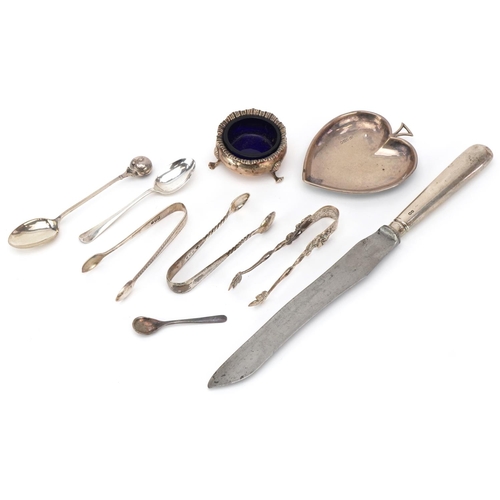 473 - Victorian and later silver including sugar tongs, club shaped pin dish and three footed salt with bl... 