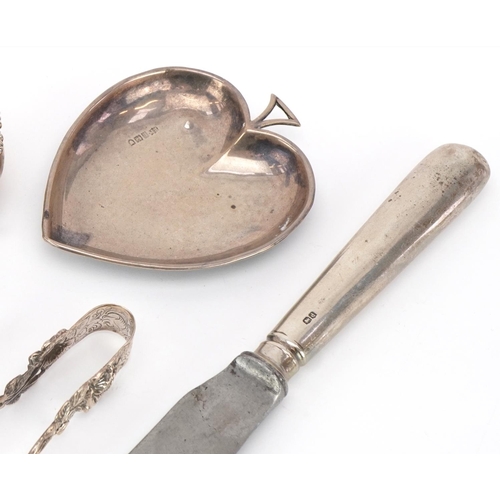 473 - Victorian and later silver including sugar tongs, club shaped pin dish and three footed salt with bl... 