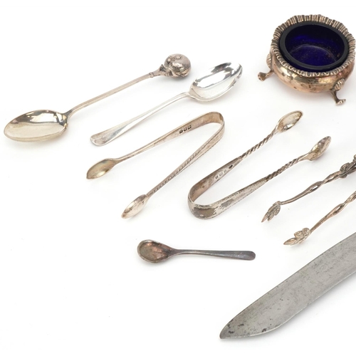 473 - Victorian and later silver including sugar tongs, club shaped pin dish and three footed salt with bl... 