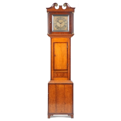 1203 - 19th century inlaid oak cased grandfather clock with brass dial having Roman numerals, engraved Seym... 