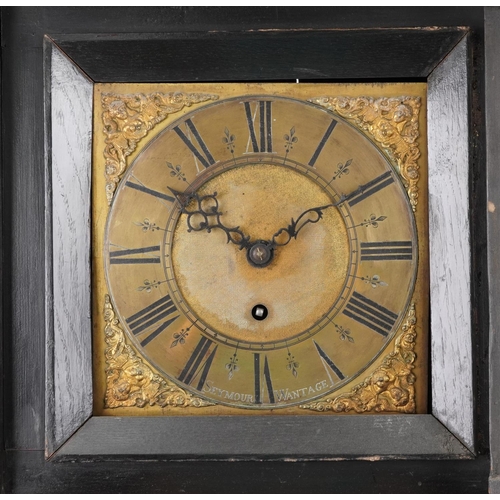 1203 - 19th century inlaid oak cased grandfather clock with brass dial having Roman numerals, engraved Seym... 