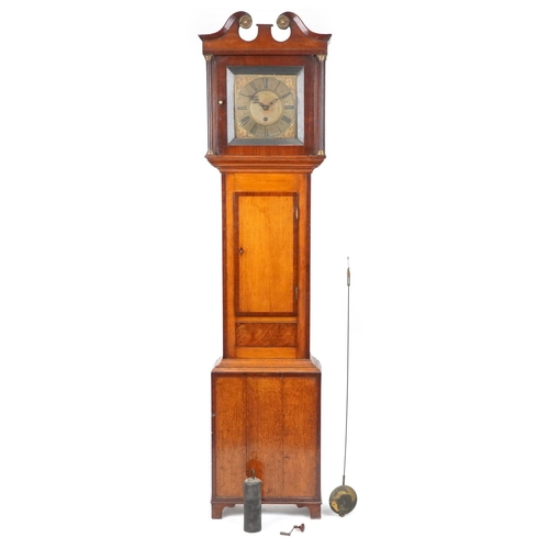 1203 - 19th century inlaid oak cased grandfather clock with brass dial having Roman numerals, engraved Seym... 