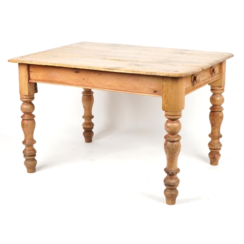 1032 - Victorian farmhouse washed pine dining table with end drawer, 75cm H x 121cm W x 88cm D