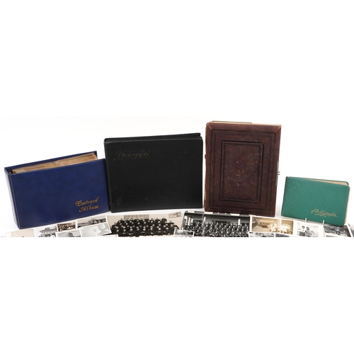 774 - Assorted photographs including Victorian cabinet cards, autograph book, postcards and silk cigarette... 