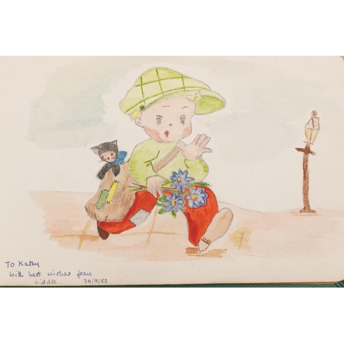 774 - Assorted photographs including Victorian cabinet cards, autograph book, postcards and silk cigarette... 