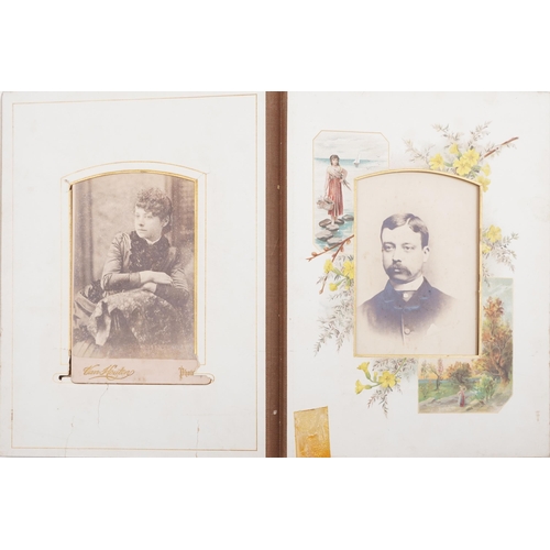 774 - Assorted photographs including Victorian cabinet cards, autograph book, postcards and silk cigarette... 