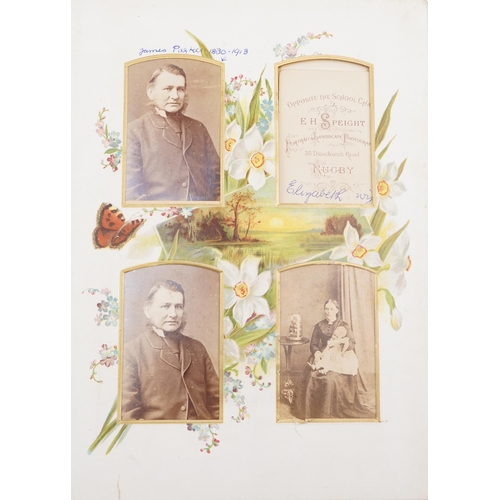 774 - Assorted photographs including Victorian cabinet cards, autograph book, postcards and silk cigarette... 
