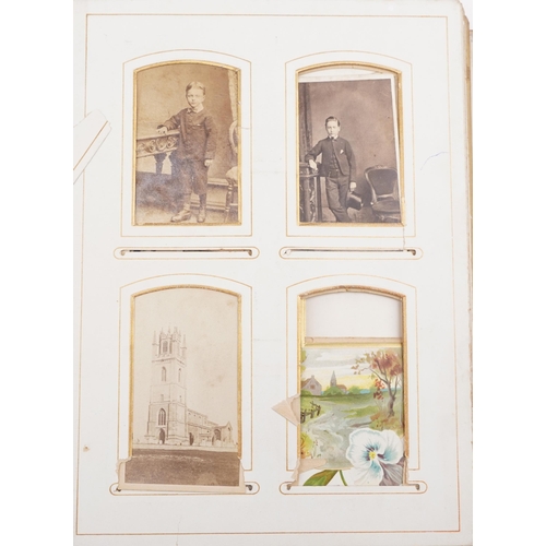 774 - Assorted photographs including Victorian cabinet cards, autograph book, postcards and silk cigarette... 