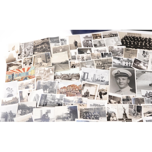 774 - Assorted photographs including Victorian cabinet cards, autograph book, postcards and silk cigarette... 