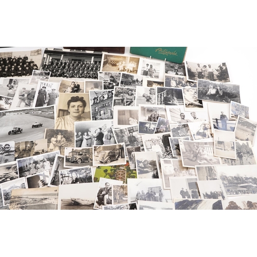 774 - Assorted photographs including Victorian cabinet cards, autograph book, postcards and silk cigarette... 