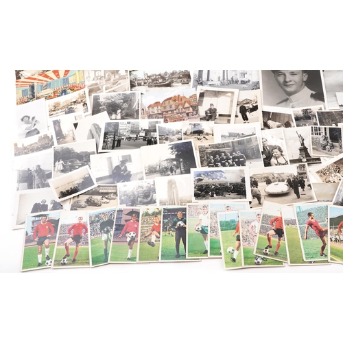 774 - Assorted photographs including Victorian cabinet cards, autograph book, postcards and silk cigarette... 