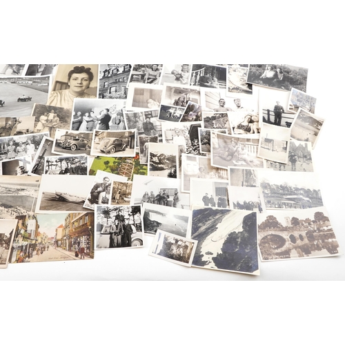 774 - Assorted photographs including Victorian cabinet cards, autograph book, postcards and silk cigarette... 