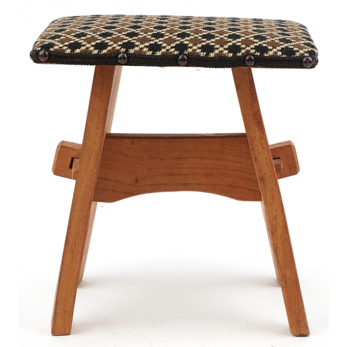 402 - Vintage oak woodcraft stool with woollen chequered seat made in Wales, 29cm high