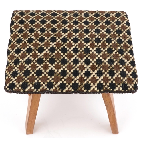 402 - Vintage oak woodcraft stool with woollen chequered seat made in Wales, 29cm high