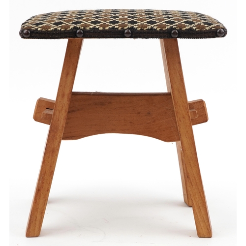 402 - Vintage oak woodcraft stool with woollen chequered seat made in Wales, 29cm high