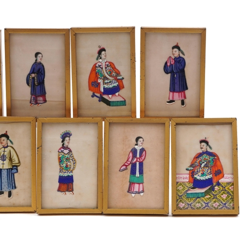 316 - Eleven miniature Chinese paintings onto rice paper of Emperor and Empress with their subjects, each ... 