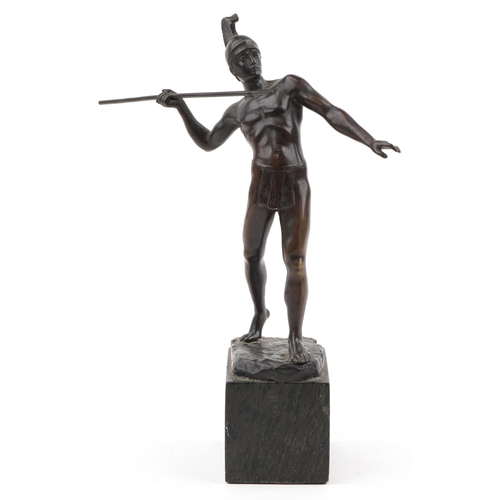 84 - 19th Century bronze sculpture of a Roman Warrior with spear mounted on a green marble base, signed S... 