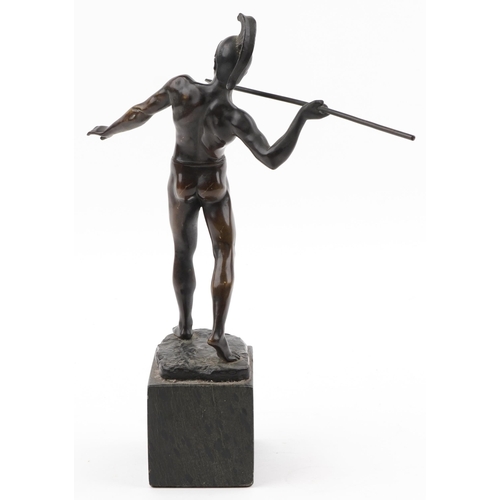 84 - 19th Century bronze sculpture of a Roman Warrior with spear mounted on a green marble base, signed S... 