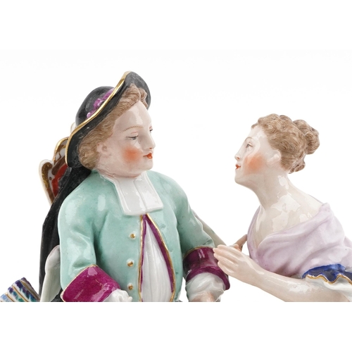 62 - 19th century Meissen hand painted figure group of lovers, blue crossed sword mark to the base, 20cm ... 