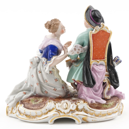 62 - 19th century Meissen hand painted figure group of lovers, blue crossed sword mark to the base, 20cm ... 