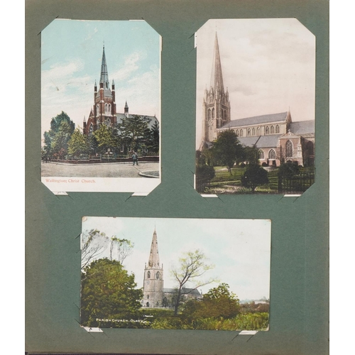 783 - Topographical and social history postcards arranged in an album including locomotives, turbine steam... 