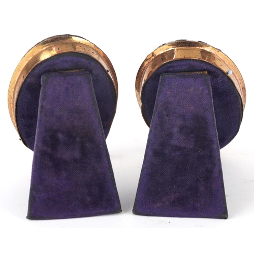 279 - Pair of 19th century micro mosaic brass photo frames with purple velvet backs, each 10cm high