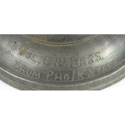 1263 - Military interest pewter globe inkwell to Colonel G R Bass from Pho/K staff incised with Chinese scr... 