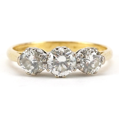 18ct gold diamond three stone ring, total diamond weight approximately 1.62 carat, size U, 4.5g