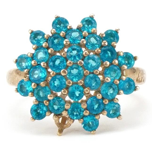 3195 - Large 9ct gold blue stone cluster ring, the cluster approximately 18mm in diameter, size N, 4.1g