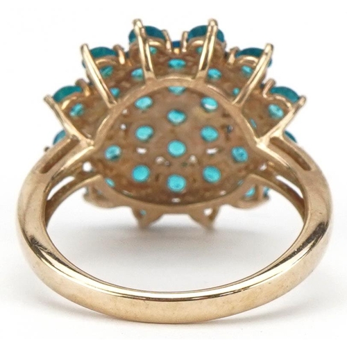 3195 - Large 9ct gold blue stone cluster ring, the cluster approximately 18mm in diameter, size N, 4.1g