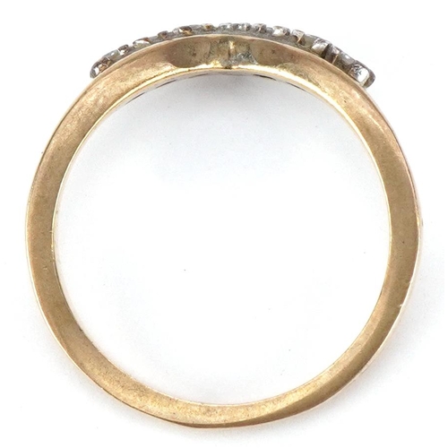 3197 - 9ct gold diamond wishbone ring, size L, 2.4g